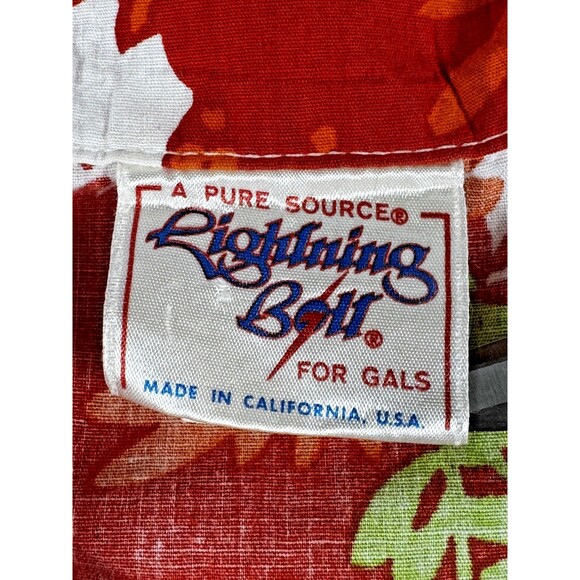 Vintage Lightning Bolt Hawaiian Shirt Womens Small 70s Red Hibiscus Aloha Surf - Picture 6 of 13